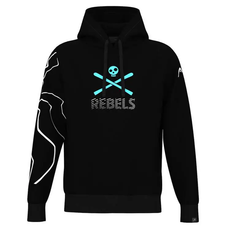 Schwarzer Rebels Hoodie mit Kapuze und Kordel. Aufdruck: Totenkopf, gekreuzte Skier und Schriftzug.