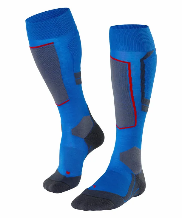 Ein Paar blaue Falke SK4 Wool Herren Skiing Kniestrümpfe mit grauen Akzenten.
