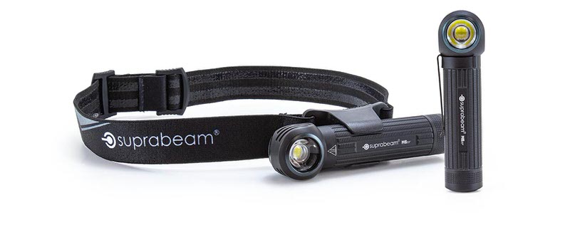Suprabeam M6r Lampe Eine Suprabeam M6r LED Lampe, einmal als Stirnlampe mit Kopfband und einmal als Taschenlampe auf weissem Hintergrund.
