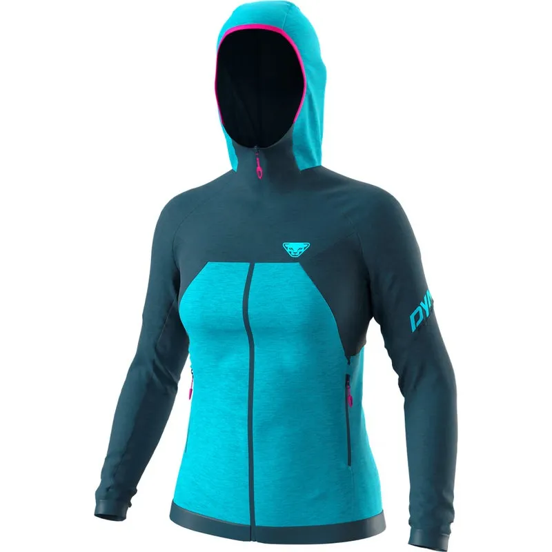 Petrolfarbener Dynafit Tour Wool Thermal Hoody für Damen mit Kapuze und durchgehendem Reißverschluss.