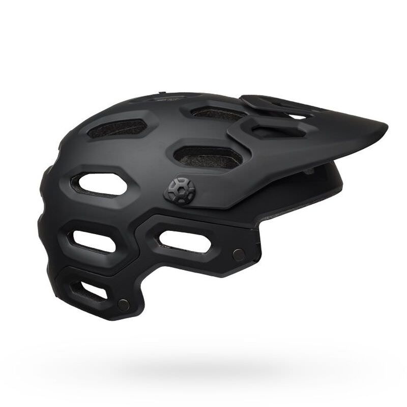 Schwarzer Mountainbike-Helm Schwarzer Super 3R Mountainbike-Helm mit Visier und Kinnbügel, Seitenansicht. Belüftungsöffnungen sichtbar.