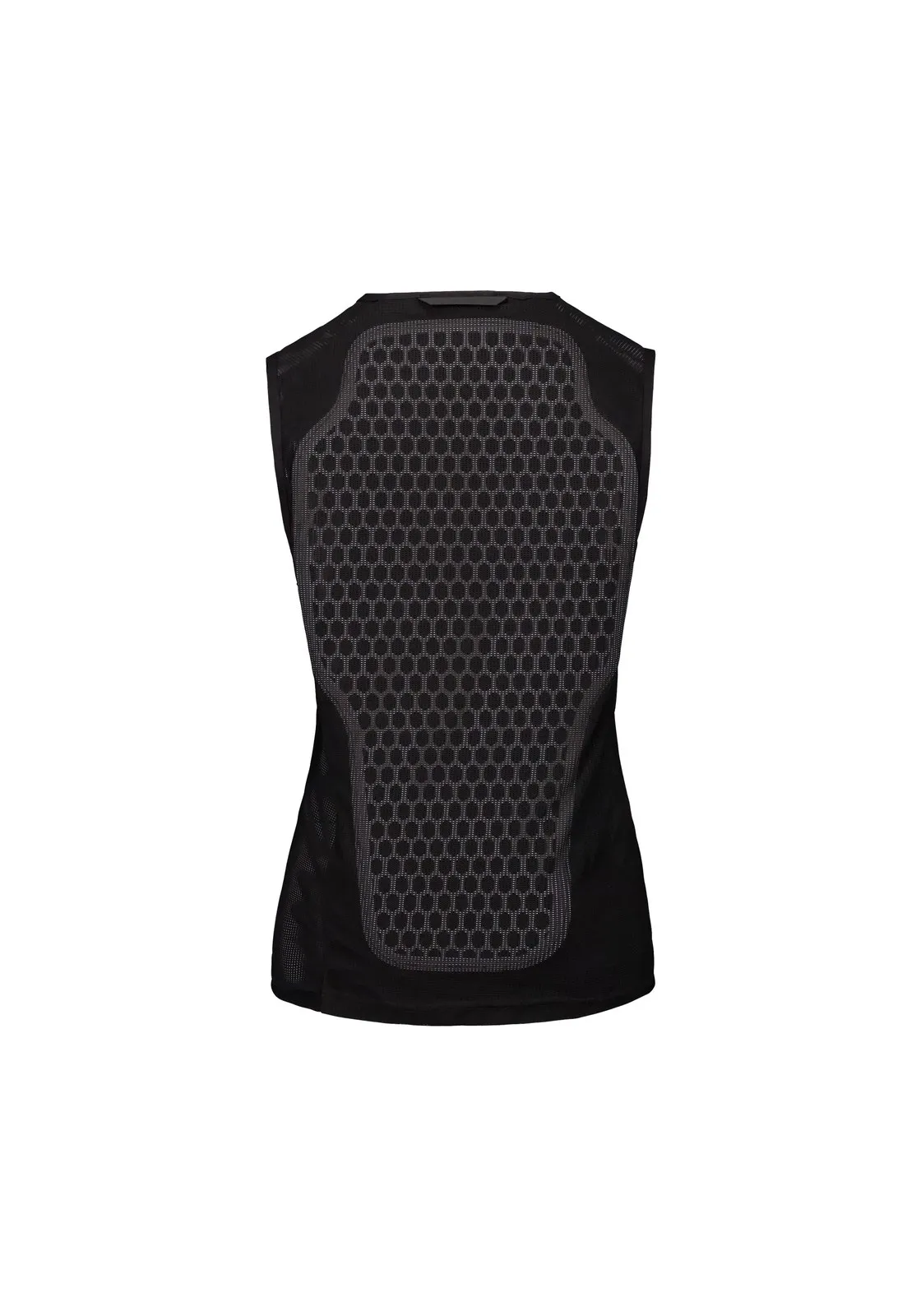 Schwarzes, ärmelloses Sporttop von hinten mit hexagonaler Polsterung im Rückenbereich.