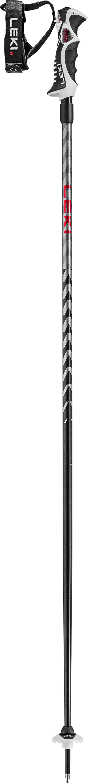 Schwarzer Leki Hot Shot S Skistock mit Trigger S Griff und Stahlspitze im Detail. Graue Pfeile zieren den Stock.