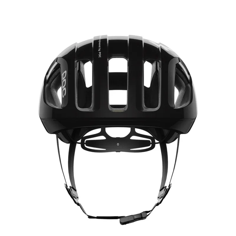 Frontansicht des schwarzen POC Ventral Mips Fahrradhelms mit Belüftungsöffnungen und verstellbaren Riemen.