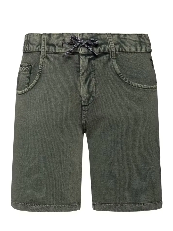 Khakifarbene, kurze Cordhose mit Kordelzug. Die Hose hat zwei abgerundete Taschen vorne und eine kleine Tasche links. Der Kordelzug ist schwarz-weiß gemustert und dient zum Regulieren der Bundweite. Die Hose ist auf einem weißen Hintergrund platziert.