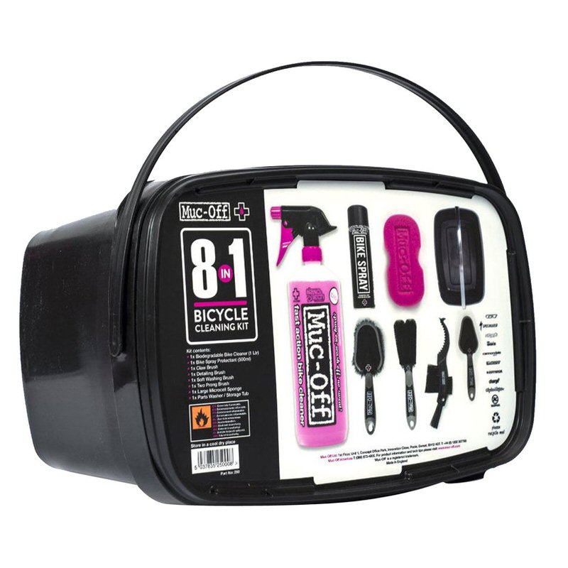 Muc-Off Fahrradreinigungsset Muc-Off 8-IN-One Bike Cleaning Kit im Eimer. Reiniger, Spray, Schwamm und diverse Bürsten sind enthalten.
