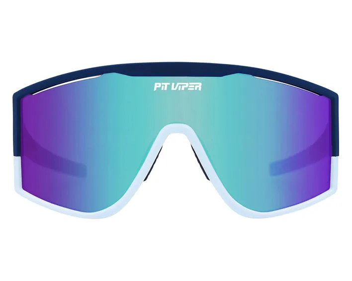Pit Viper The Basketball Team Sonnenbrille mit blauem Rahmen und blau-lila verspiegelten Gläsern.