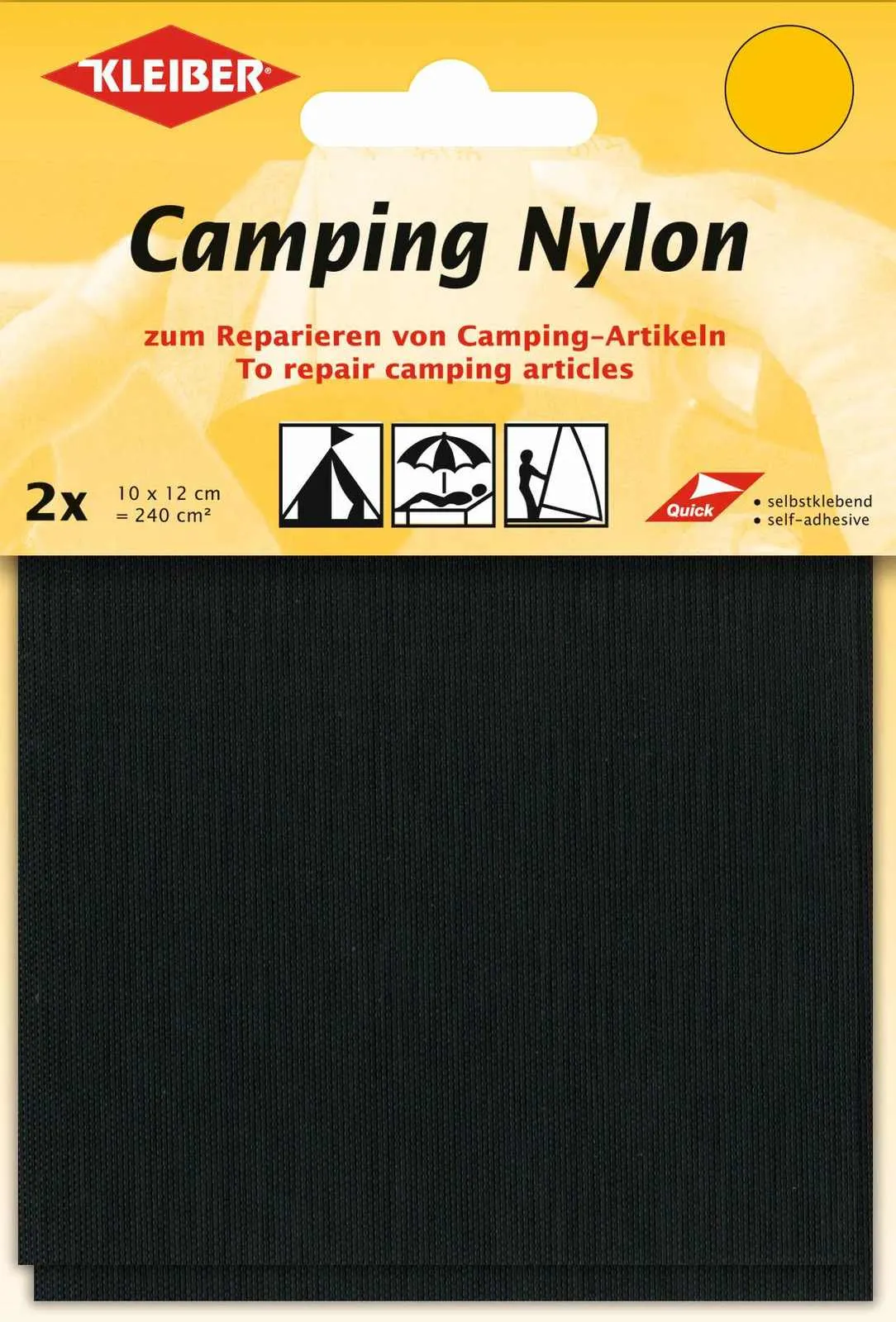 Verpackung schwarzer, selbstklebender Camping Nylon Flicken zur Reparatur von Campingartikeln.