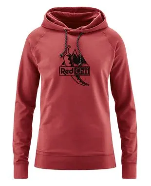 Roter TECU 18 masai Hoodie mit Kordel und Print einer Chili und Bergmotiv.