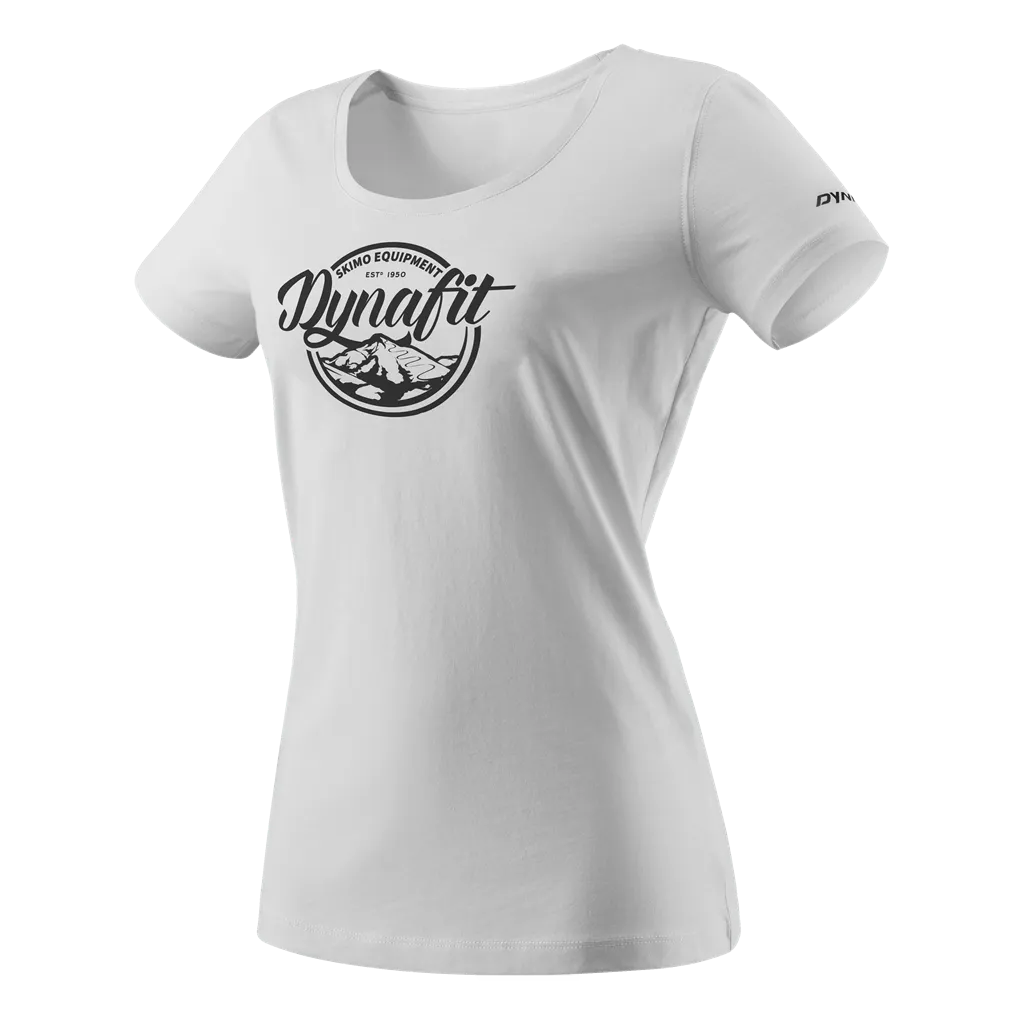 Weißes Dynafit Damen T-Shirt mit Rundhalsausschnitt und schwarzem, rundem Logoaufdruck.