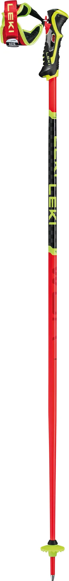 Roter Leki WCR TBS SL 3D Skistock mit gelben Details, Griff und Handschlaufe.