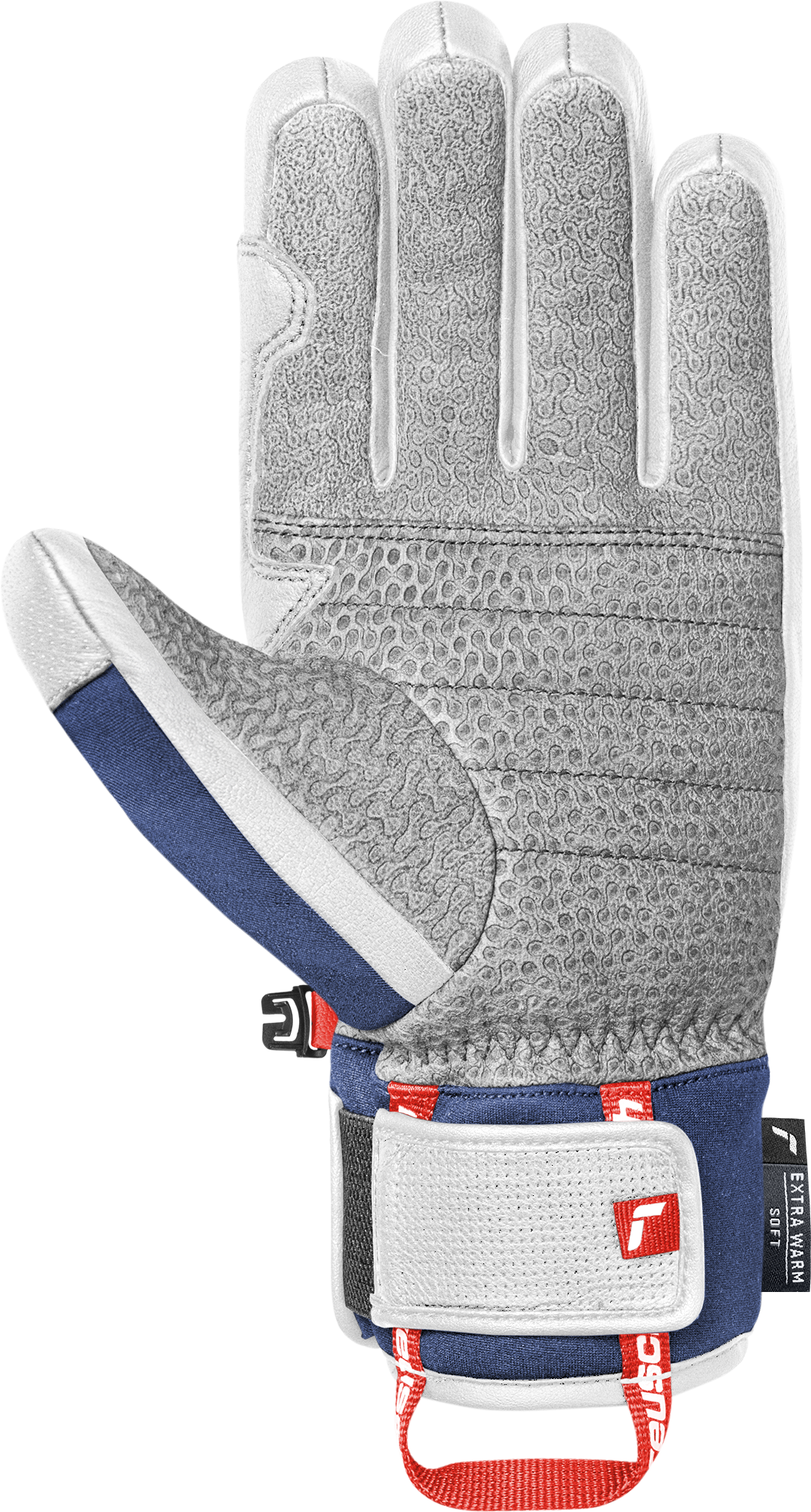 Weißer Ski-Handschuh mit grauer Handfläche und Fingerspitzen, blauen und weißen Akzenten am Handgelenk.