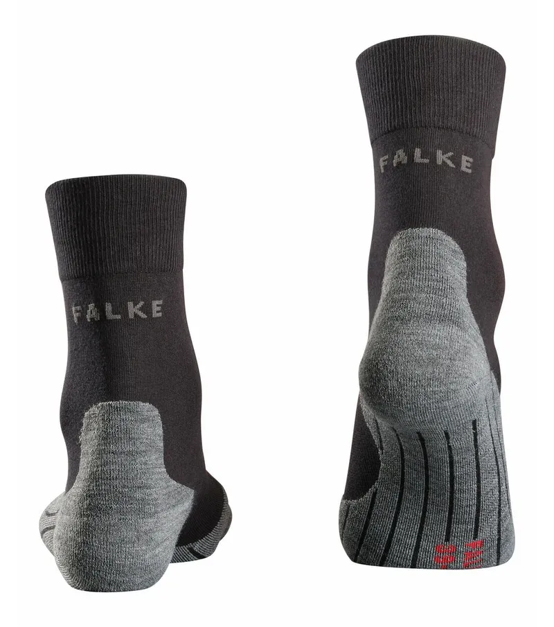 Zwei schwarze RU4 Herren Running Socken von hinten mit grauer Polsterung und "FALKE" Schriftzug.