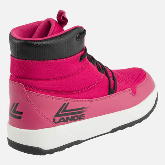 Pinkfarbener Retro Podium Schuh von Lange mit schwarzer Schnürung, weißer Sohle und Logo-Detail, von der Seite.