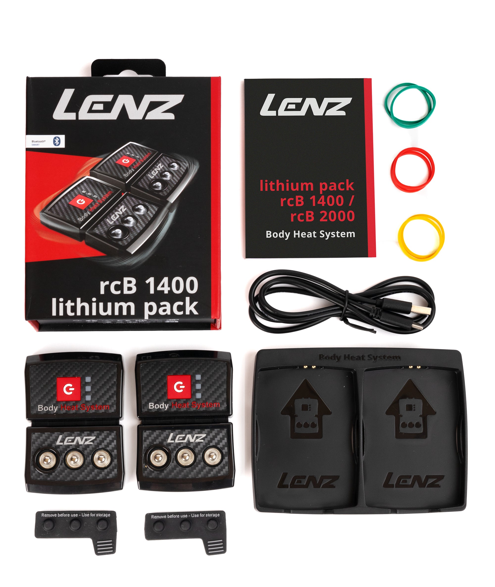 Produktset von Lenz Body Heat System, bestehend aus Akkus, Ladegerät, Kabel und Zubehör, angeordnet auf weißem Hintergrund.