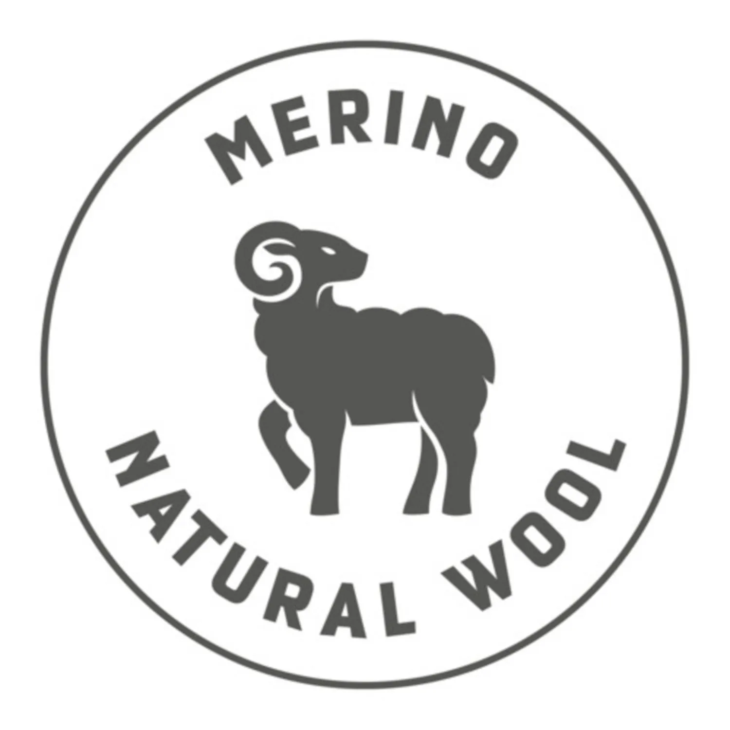 Rundes Siegel mit stilisierter, dunkler Silhouette eines Schafs. Schriftzug: "Merino Natural Wool".