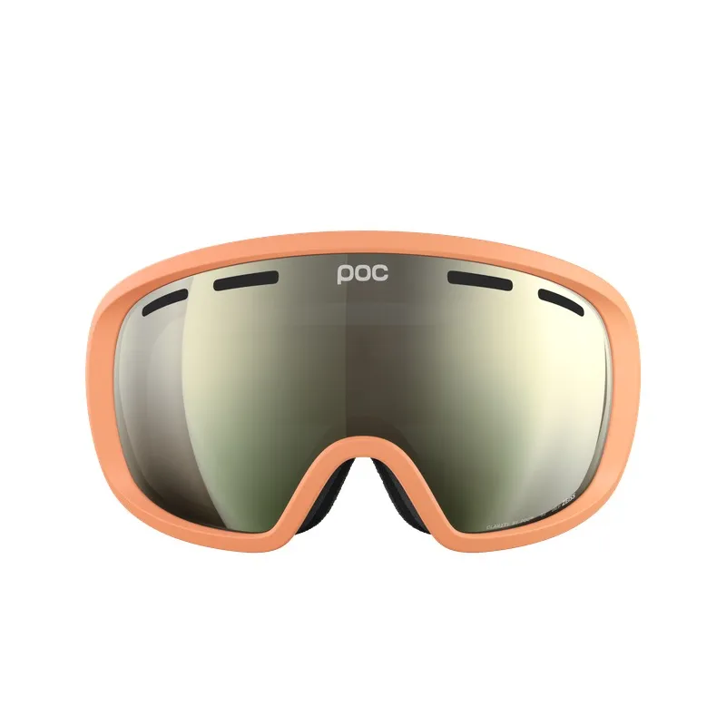 Pfirsichfarbene Skibrille mit verspiegelten Gläsern und schwarzem Innenfutter, frontal aufgenommen vor weißem Hintergrund.