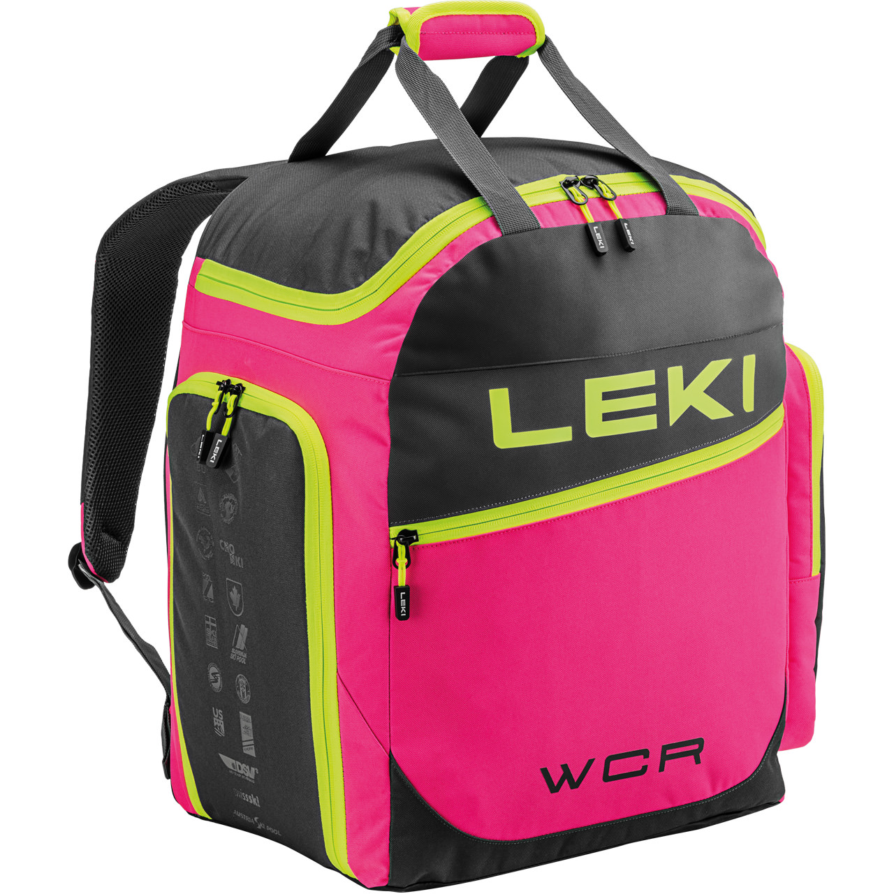 Leki Skischuhtasche WCR 60L Pinkfarbene Leki Skischuhtasche WCR 60L mit Tragegriffen und Reißverschlüssen, Akzenten in Schwarz und Neongelb.