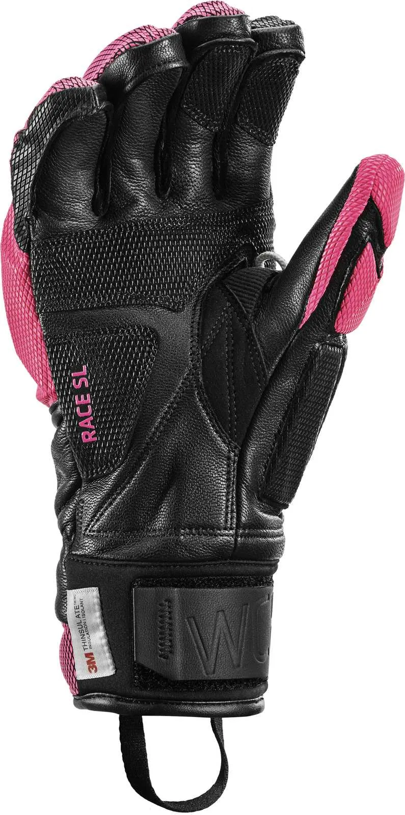 Schwarzer Leki Venom SL 3D Handschuh mit pinken Details. Leder, Netzstruktur und Protektoren sind sichtbar.
