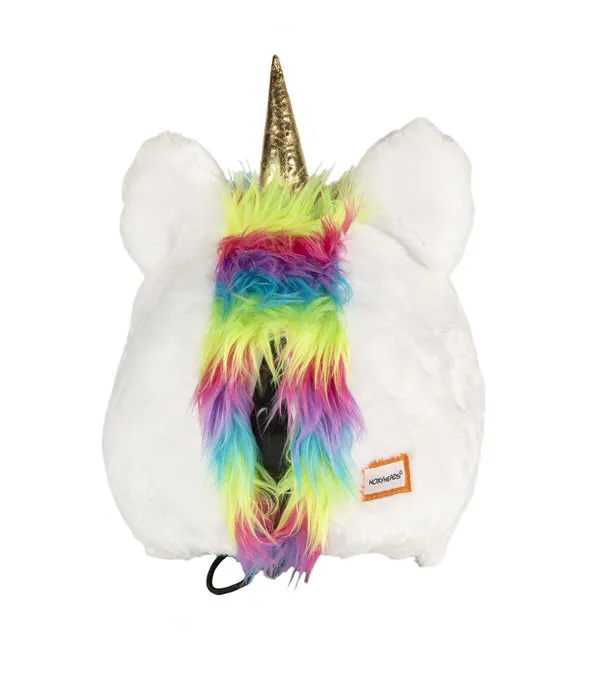 Weißes Hoxyheads Helm Cover Einhorn mit goldenem Horn und bunter Mähne, frontal.