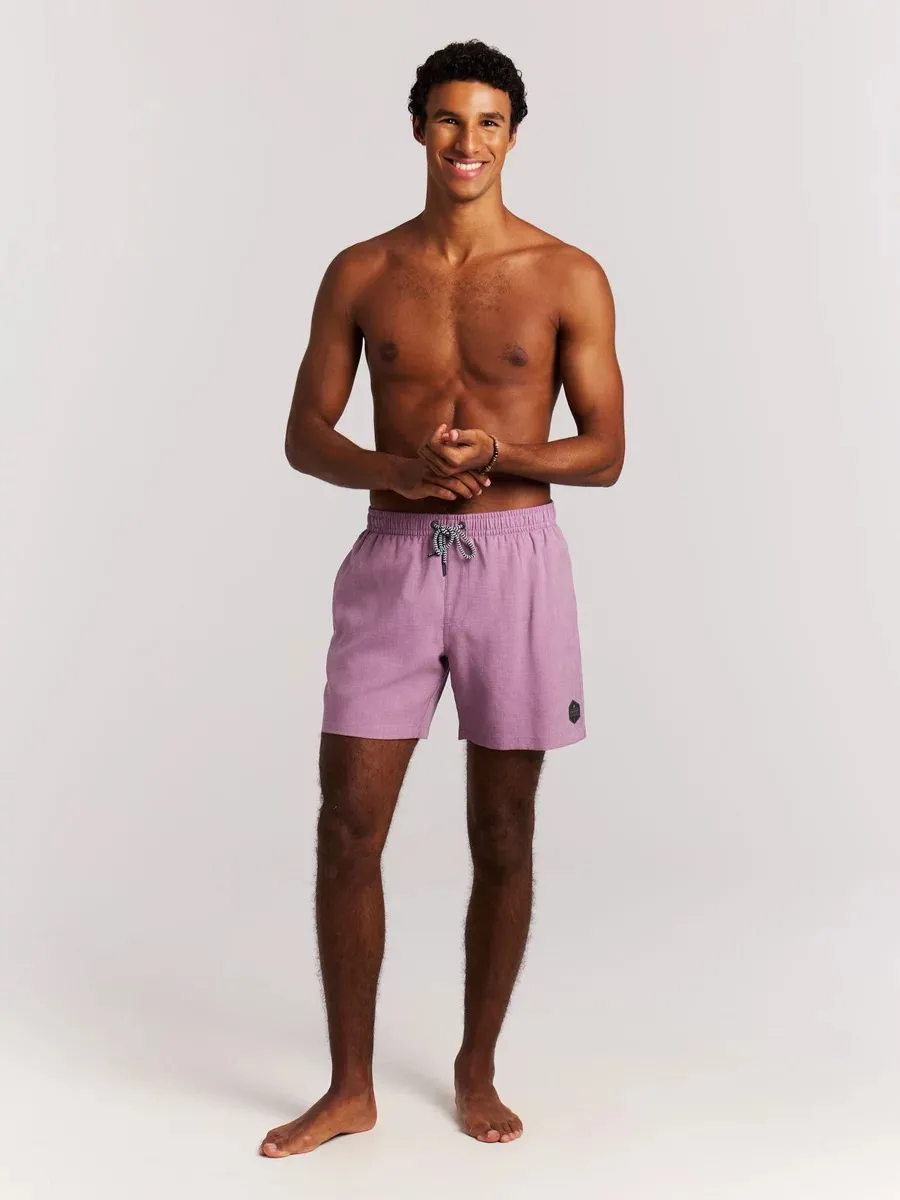 Ein Mann mit nacktem Oberkörper trägt die Protest Daviey Beachshort Plum Mauve vor hellem Hintergrund.