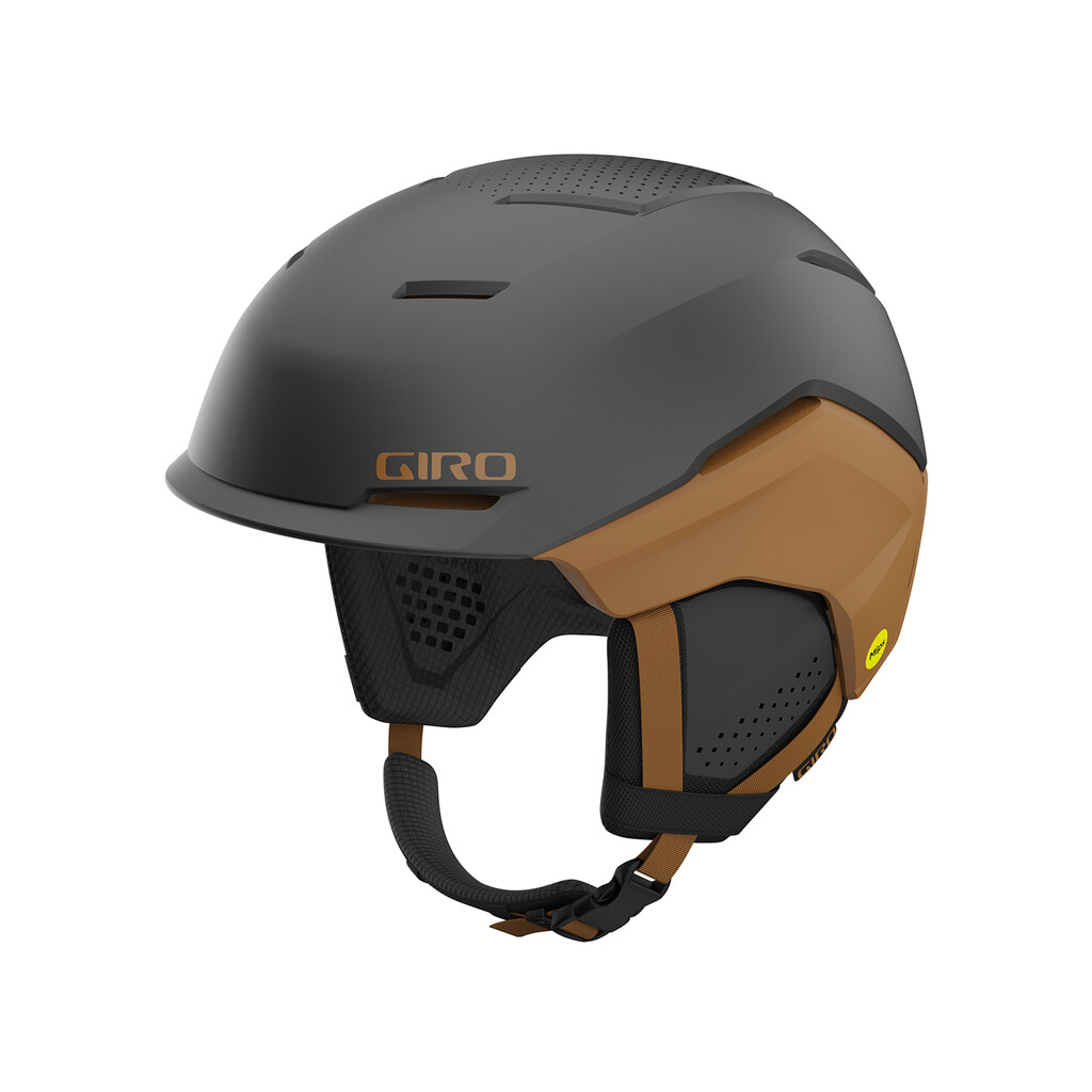Giro Tenet MIPS Skihelm in Metallic Coal/Tan, Seitenansicht. Helm hat Belüftungslöcher und Ohrenschützer.