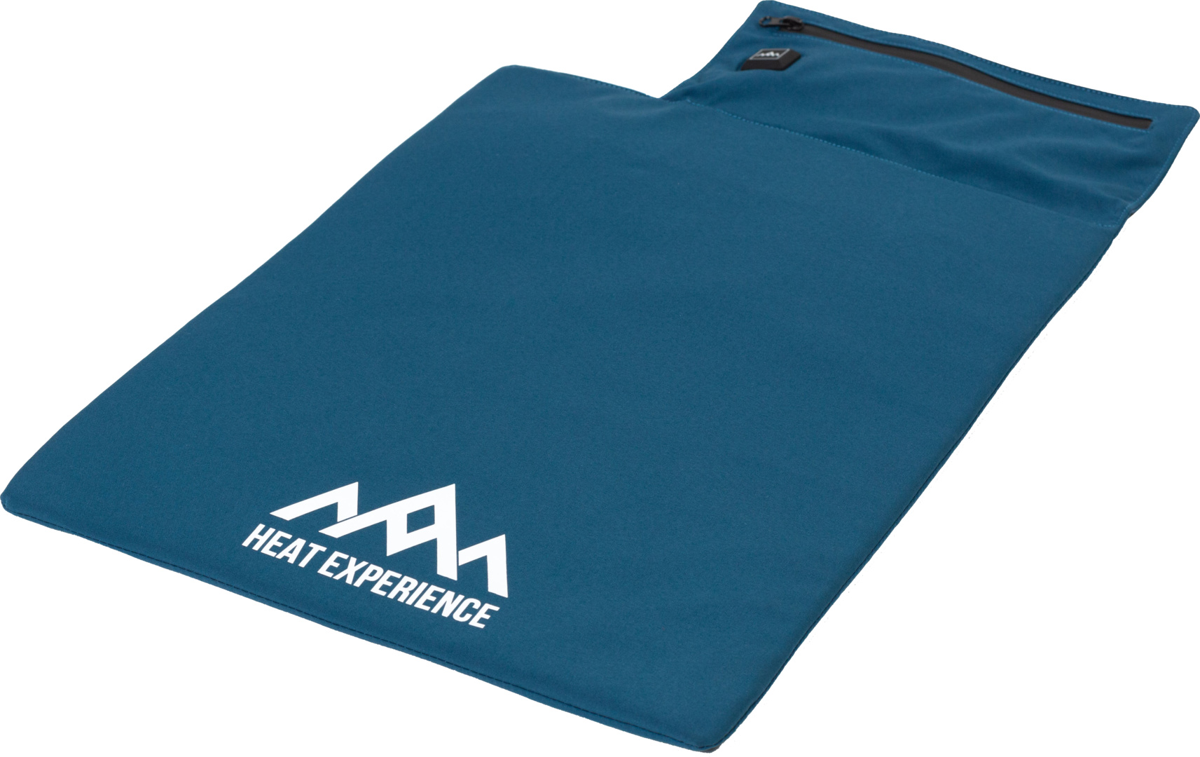 Blaues, rechteckiges, beheiztes Sitzkissen, unten links mit weißem "HEAT EXPERIENCE" Logo. Reißverschluss oben.