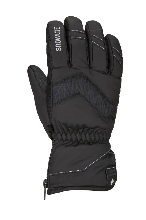 Schwarzer Snowlife Vivid Glove für Damen, von vorne, mit Reißverschluss am Bündchen und Logo auf dem Handrücken.