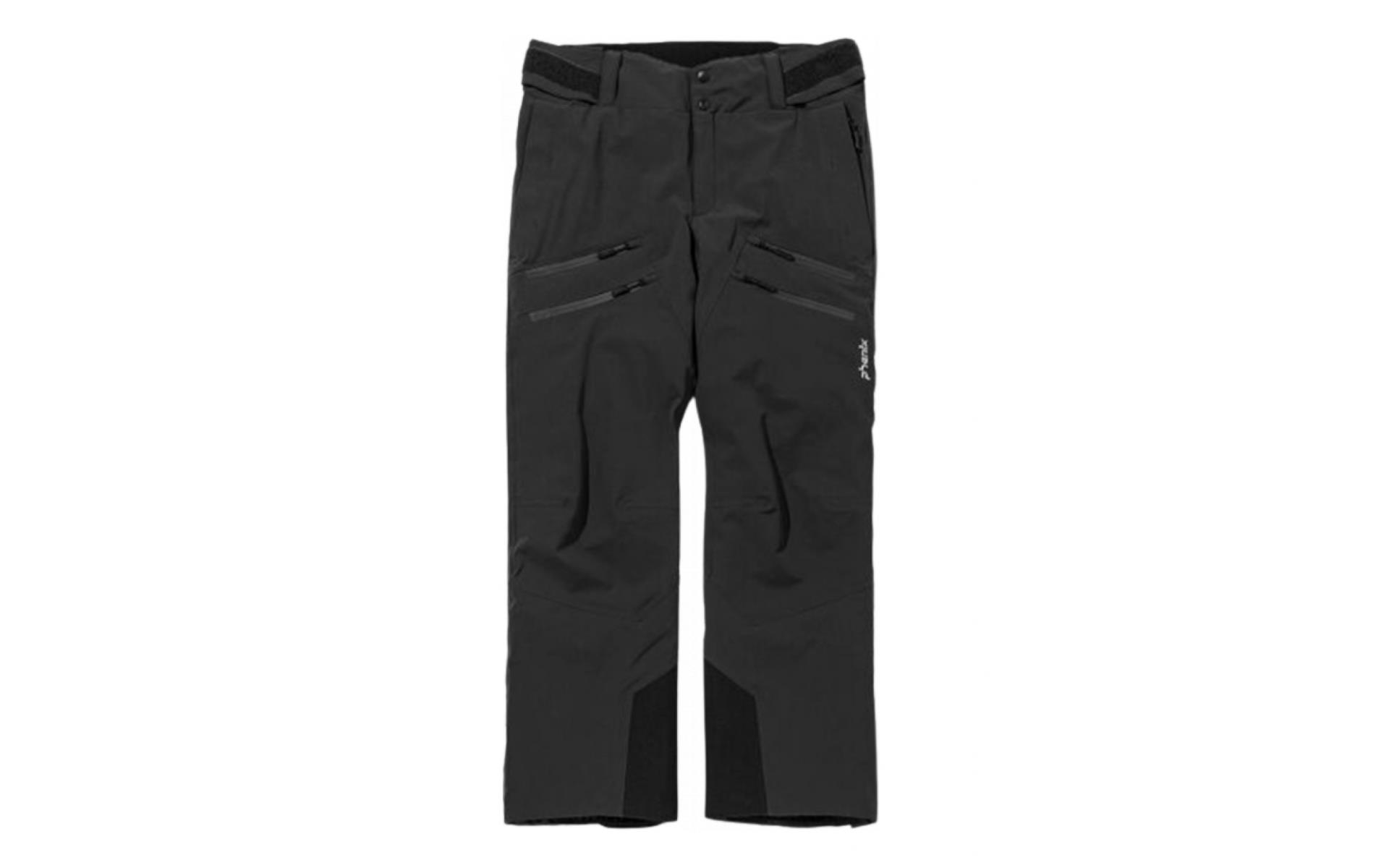 Schwarze Twinpeak Pants in voller Länge, frontal dargestellt. Zu sehen sind Details wie Taschen mit Reißverschlüssen.
