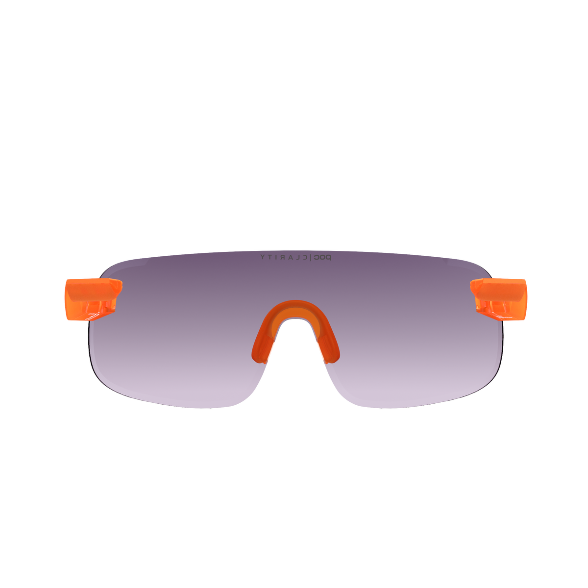 POC Elicit Sonnenbrille, fluoreszierend orange Bügel, violett-gold verspiegelte Gläser, rahmenlose Konstruktion.
