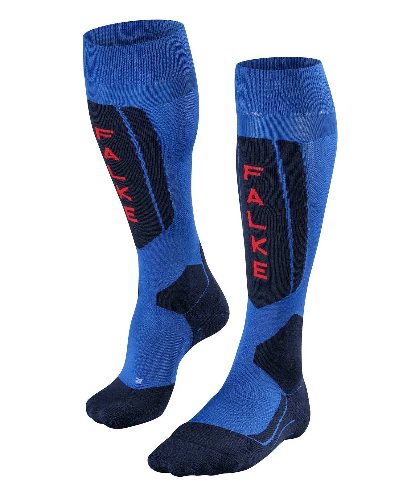 Zwei blaue SK5 Olympic Skistrümpfe, mit rotem FALKE Schriftzug, von vorne.