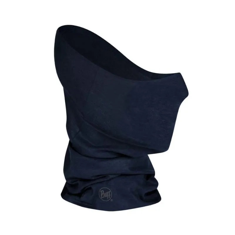 Dunkelblauer, wiederverwendbarer Buff Tube Solid Night Blue, der Hals und Gesicht bedeckt.