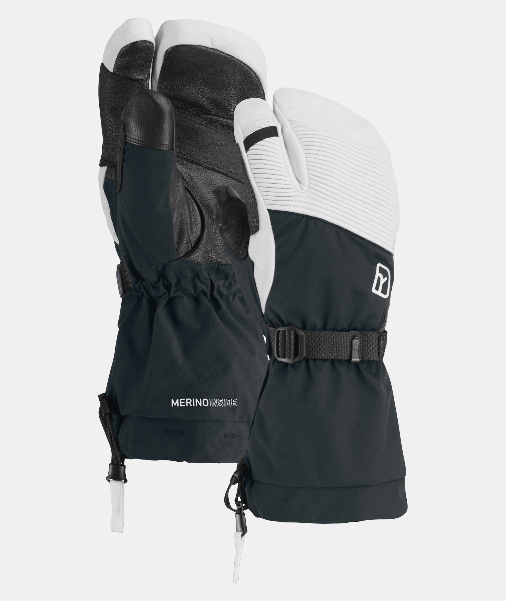Schwarzer Freeride 3-Finger-Handschuh, mit weißem Oberteil und Merino-Fleece-Innenhandschuh.
