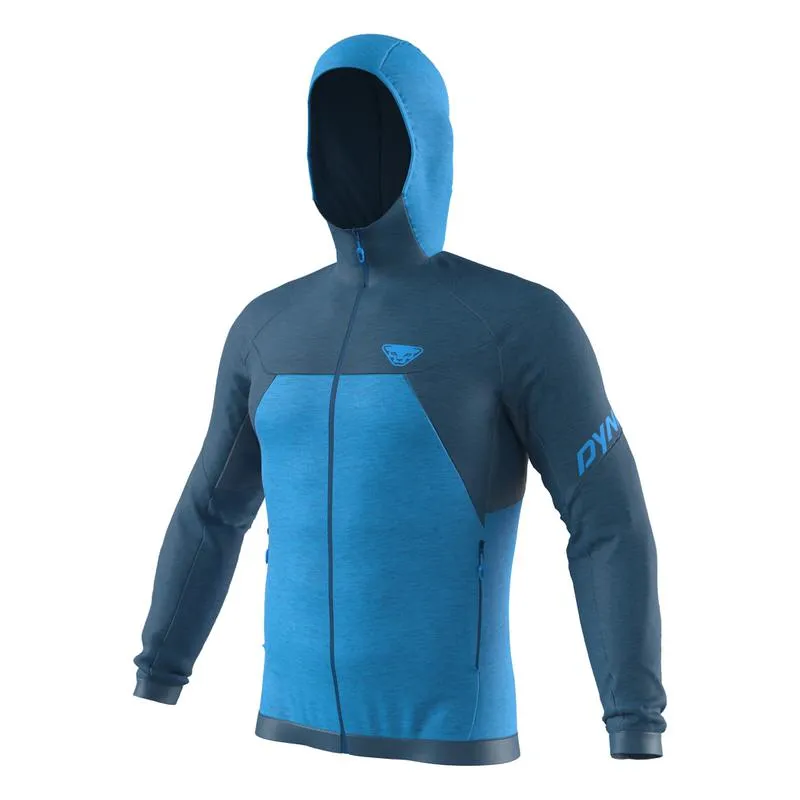 Blaue Dynafit Tour Wool Thermal Jacke für Herren mit Kapuze und durchgehendem Reißverschluss.