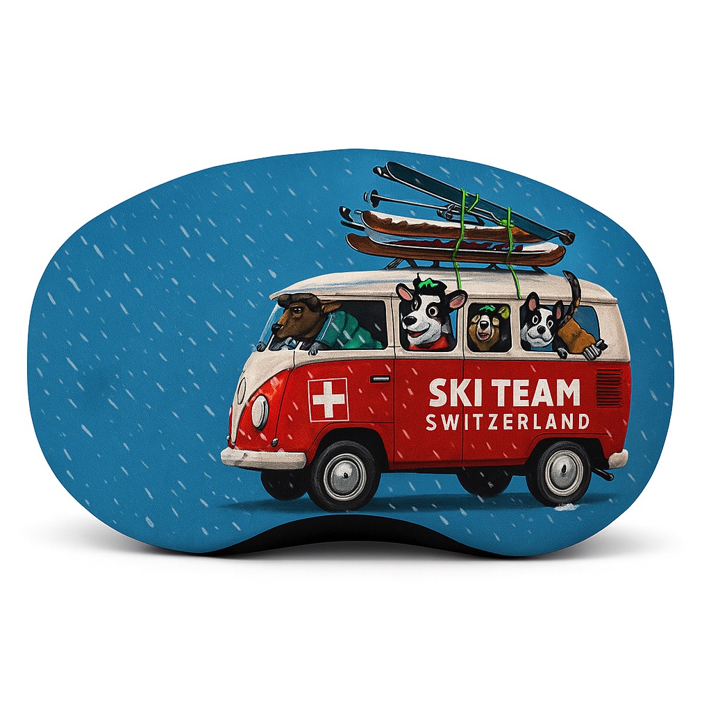 Comic: Tiere im roten VW-Bus mit Skiern auf dem Dach, Aufschrift "Ski Team Switzerland" vor blauem Schneehintergrund.