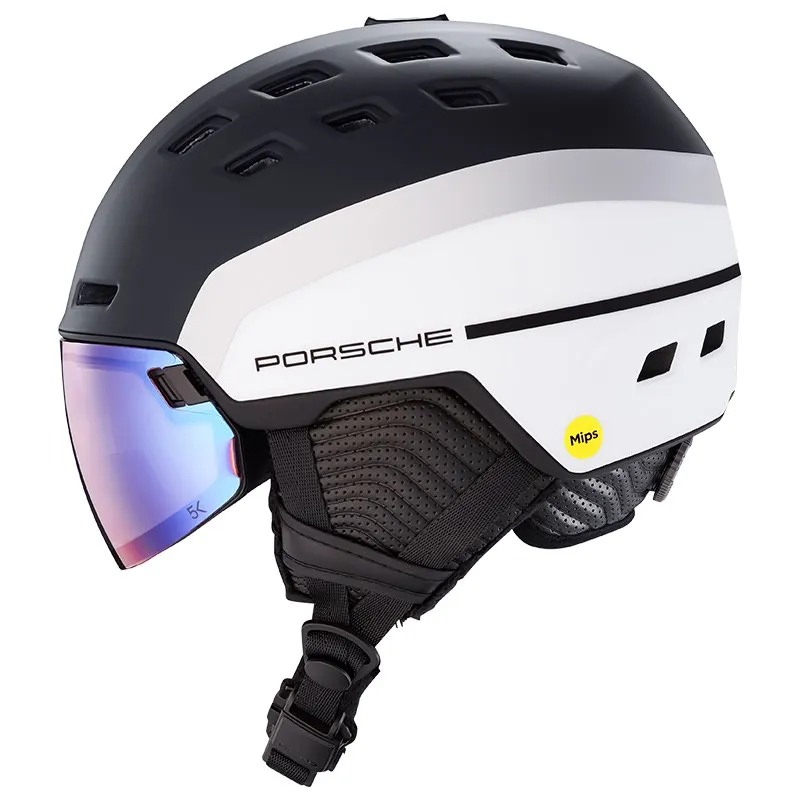 Skihelm "Head Porsche Radar 5K Photo MIPS" in Schwarz-Weiß mit blau schimmerndem Visier und MIPS-Aufkleber.