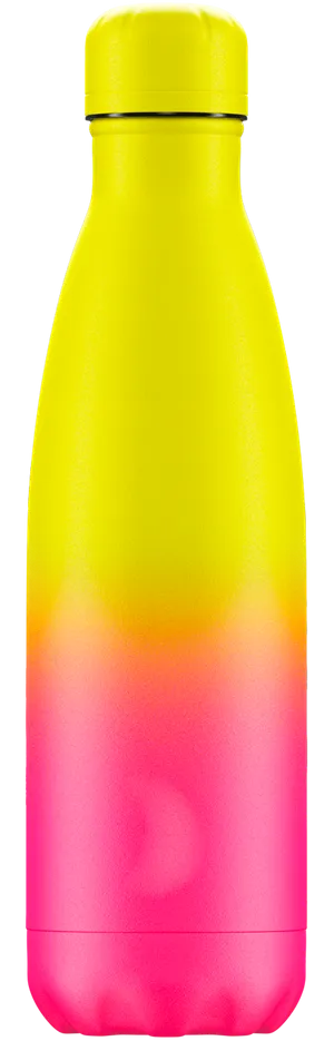 Neonfarbige Chillys Trinkflasche mit Farbverlauf von Gelb zu Orange zu Pink.