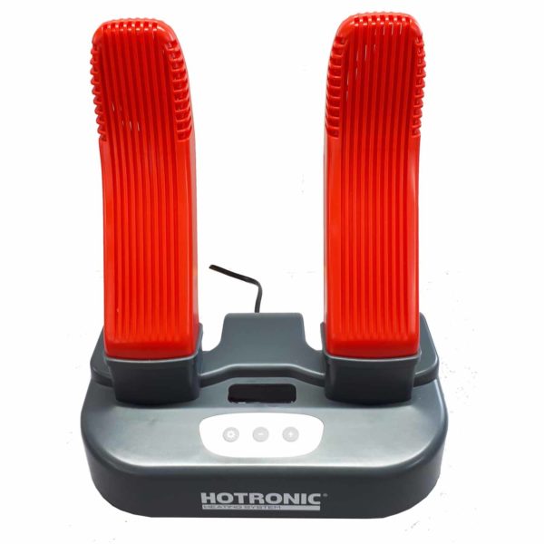 Schuhtrockner "Tech Dry" Schuhtrockner "Tech Dry" mit zwei roten Trocknungsarmen und grauem Sockel mit Bedienelementen.