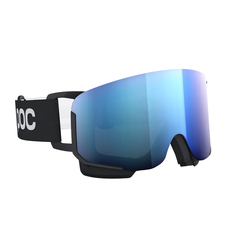 Skibrille mit schwarzem Rahmen und blau verspiegelter Linse, das Band ist schwarz mit weißen POC Buchstaben.