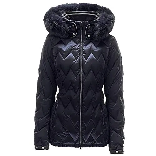 Blaue Daunenjacke von Toni Sailer mit Zickzack-Steppung und abnehmbarer Kapuze mit Pelzbesatz.