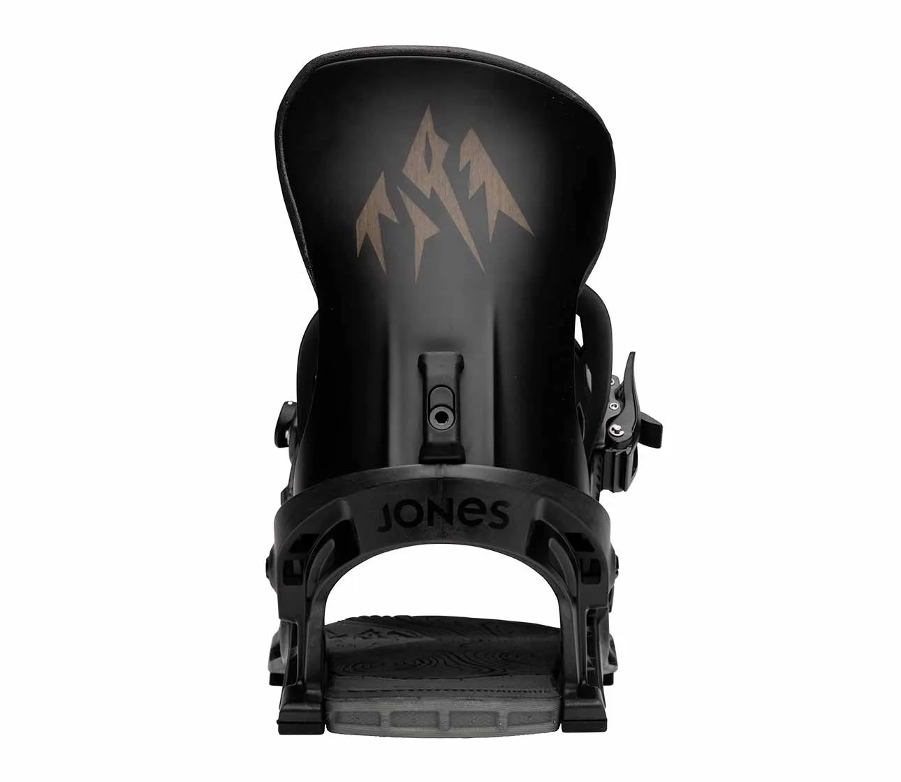 Schwarze Snowboardbindung Jones Apollo Pro von hinten, mit braunem Berg-Logo auf dem Highback.