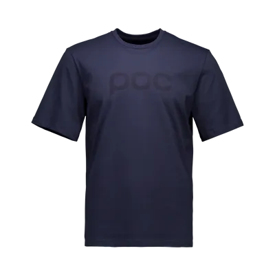 Ein marineblaues T-Shirt mit kurzen Ärmeln und dem "POC"-Logo auf der Brust.