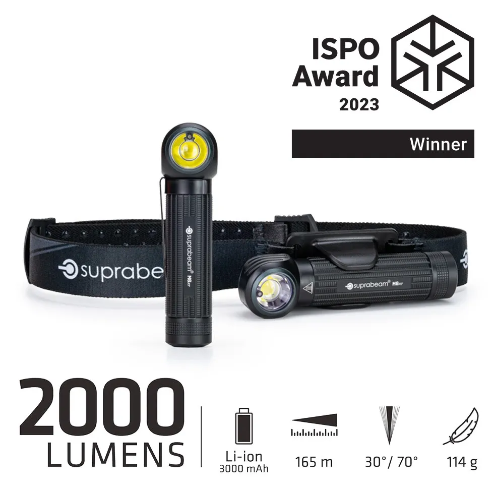 Suprabeam M6xr Multilampe, als Stirnlampe und Handlampe mit Kopfband, ISPO Award 2023, technische Daten.