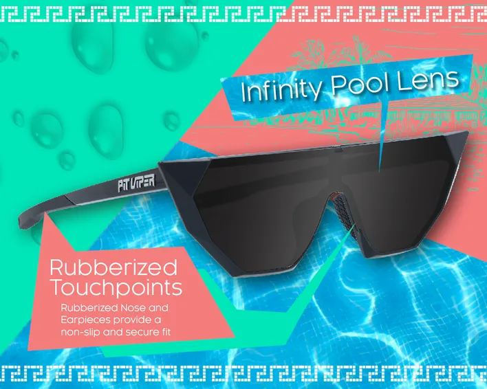 Schwarze Sonnenbrille The Onyx mit Markendetail und Infos zu Infinity Pool Lens, rutschfesten Nasenpads und Bügeln.