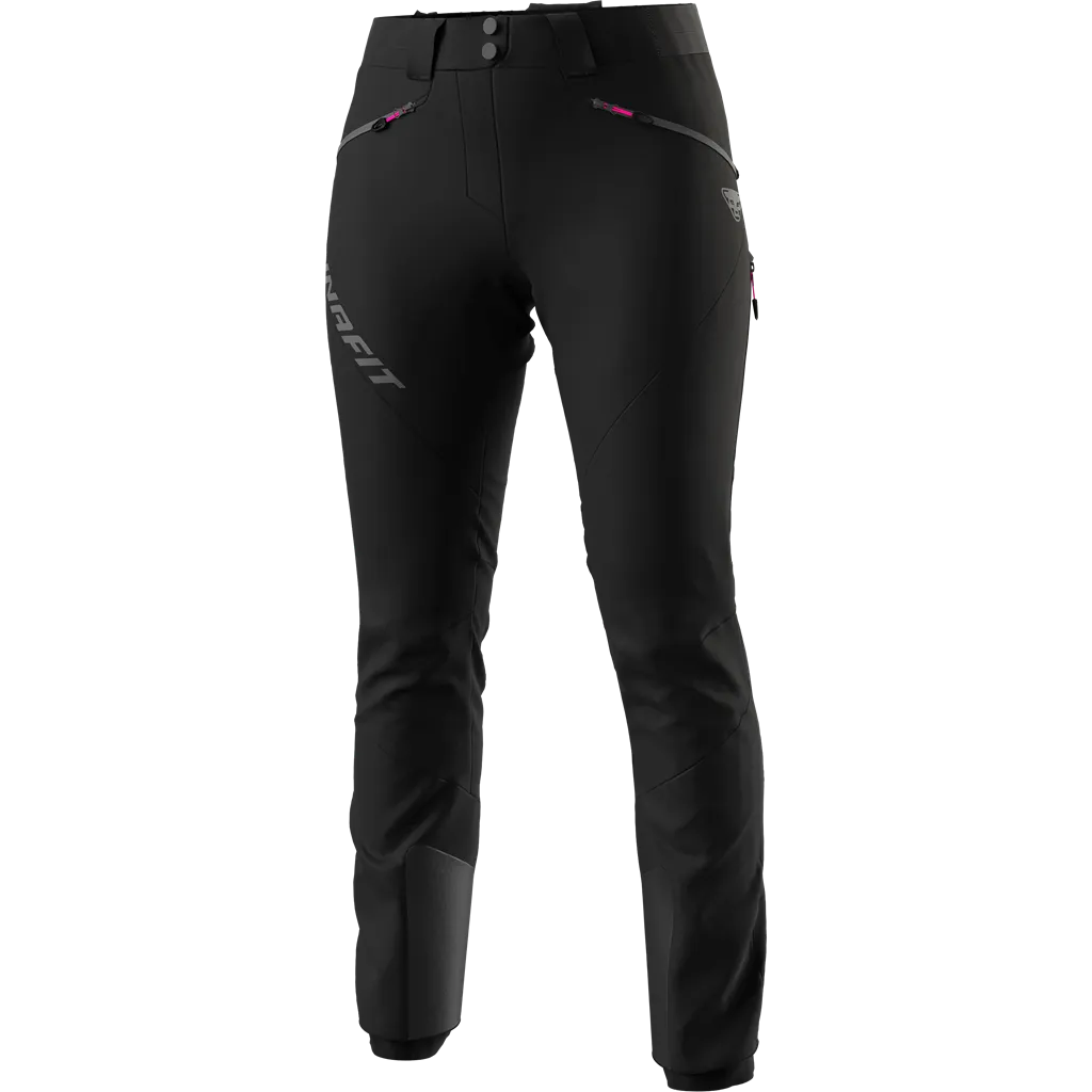 Schwarze Dynafit TLT Touring DST Damen Hose, Frontansicht, mit sichtbarem Logo.