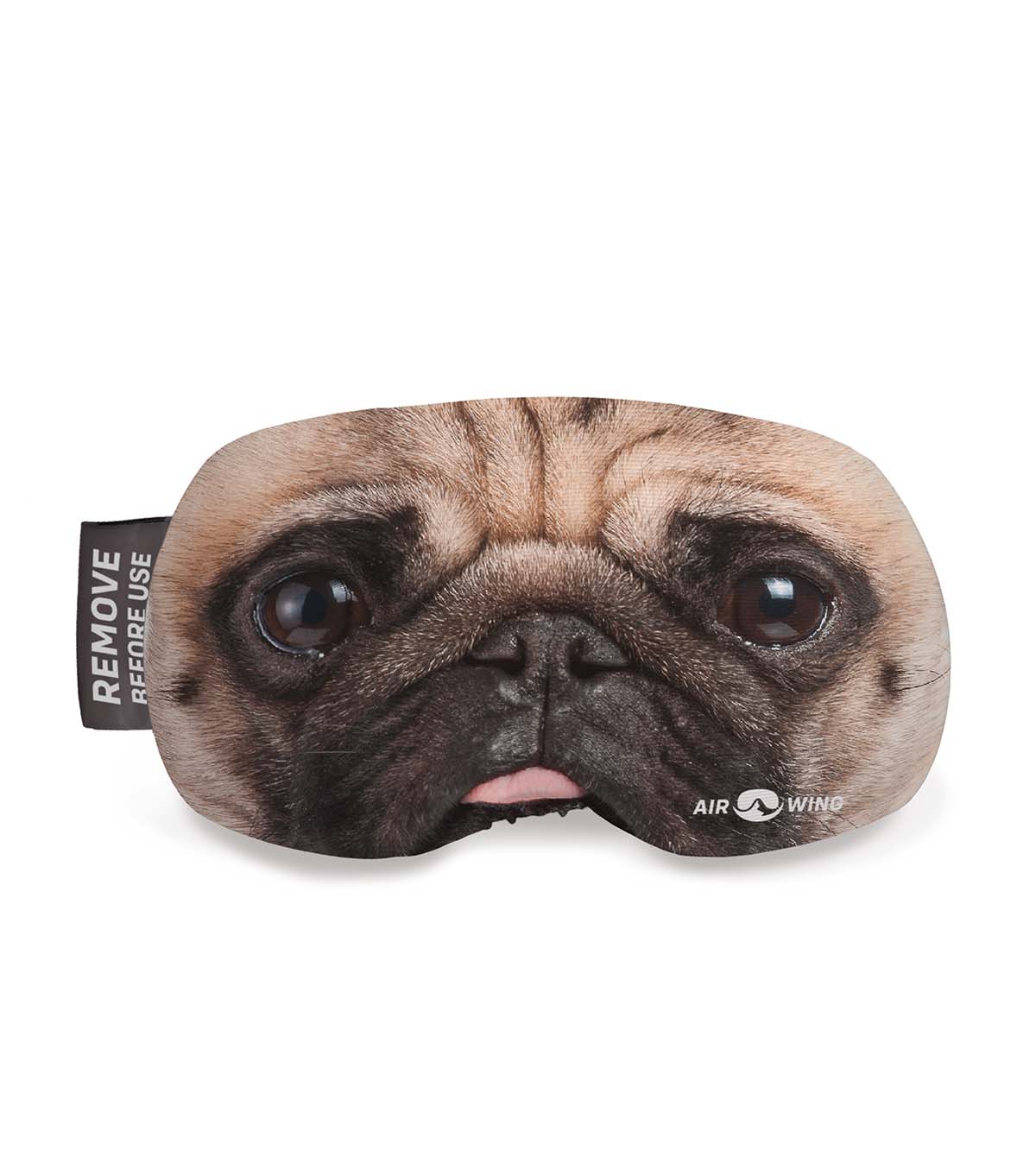 Skibrillen-Schutzhülle mit Mops-Gesicht. Elastisches Band zum Schutz, Aufdruck zeigt Mops mit herausgestreckter Zunge.