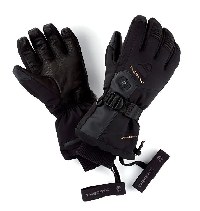 Schwarze Therm-ic Heat Ultra Glove Men Handschuhe, linker Handschuh zeigt die Lederinnenseite, rechter die Außenseite mit Bedienelementen.