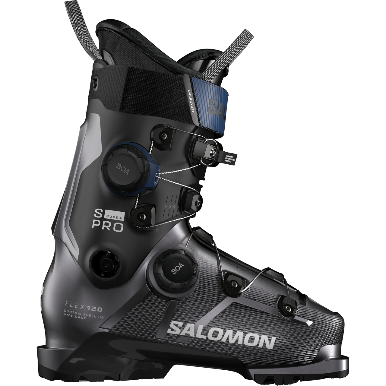 Ein grauer Skischuh von Salomon, seitliche Ansicht, mit BOA-Drehverschlüssen und dem Schriftzug "S/SUPRA PRO" und "FLEX 120" an der Seite.