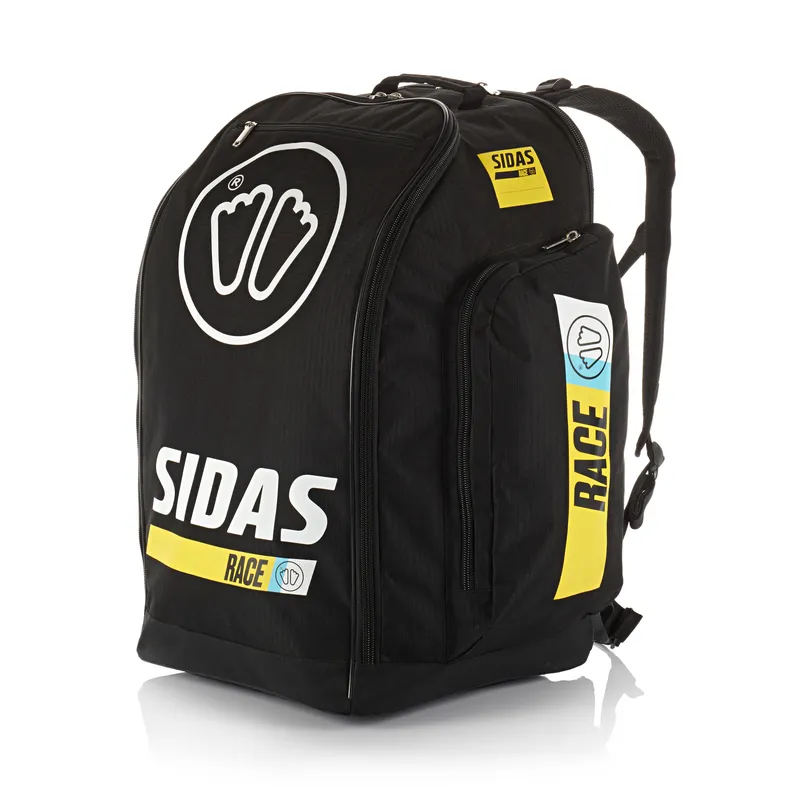Schwarze Sidas Race Boot Bag 60L Tasche mit Trägern und gelben Akzenten, seitlich RACE Schriftzug und Logoaufdruck.