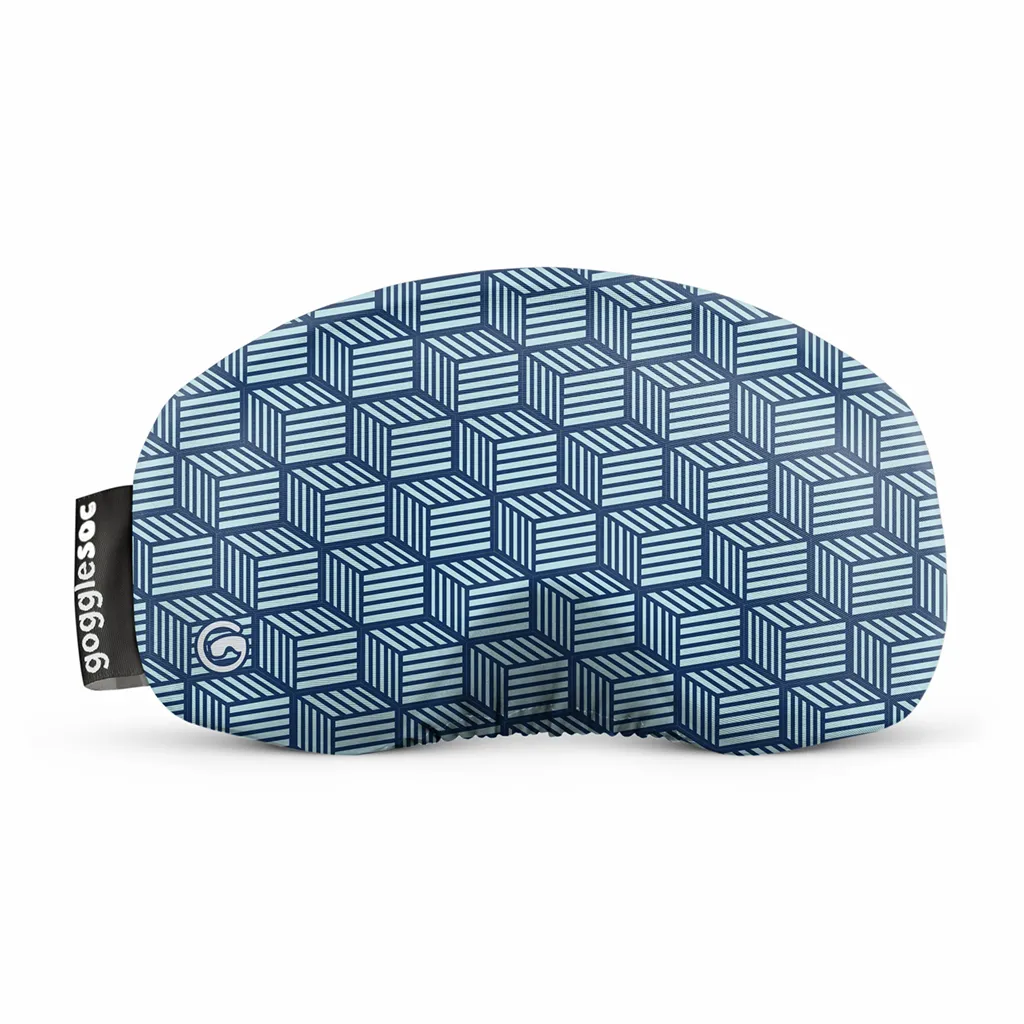 Brillensocke "Cube Soc" mit blauem Würfelmuster für Skibrillen. Schutz und Reinigungstuch in einem.
